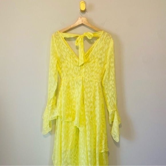 ASOS Yellow Leopard Tiered Long Sleeve Open Slit Midi Dress Size 2 - Picture 6 of 9